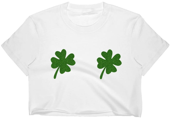 Green Glitter Shamrocks Raw Hem Cropped Tee (Available in 2 Colors)